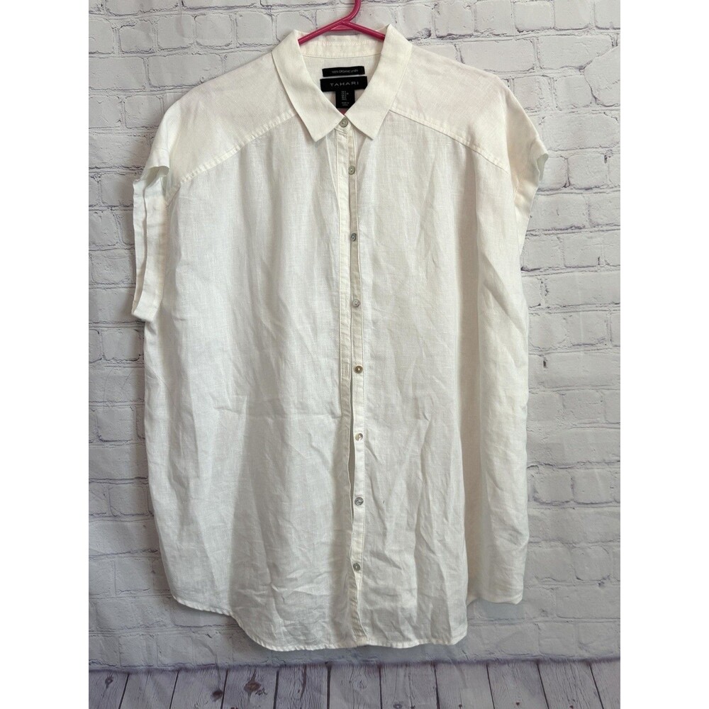 Tahari 100% Organic Linen Button Up Shirt Tunic Top Lagenlook Long Blouse Large
